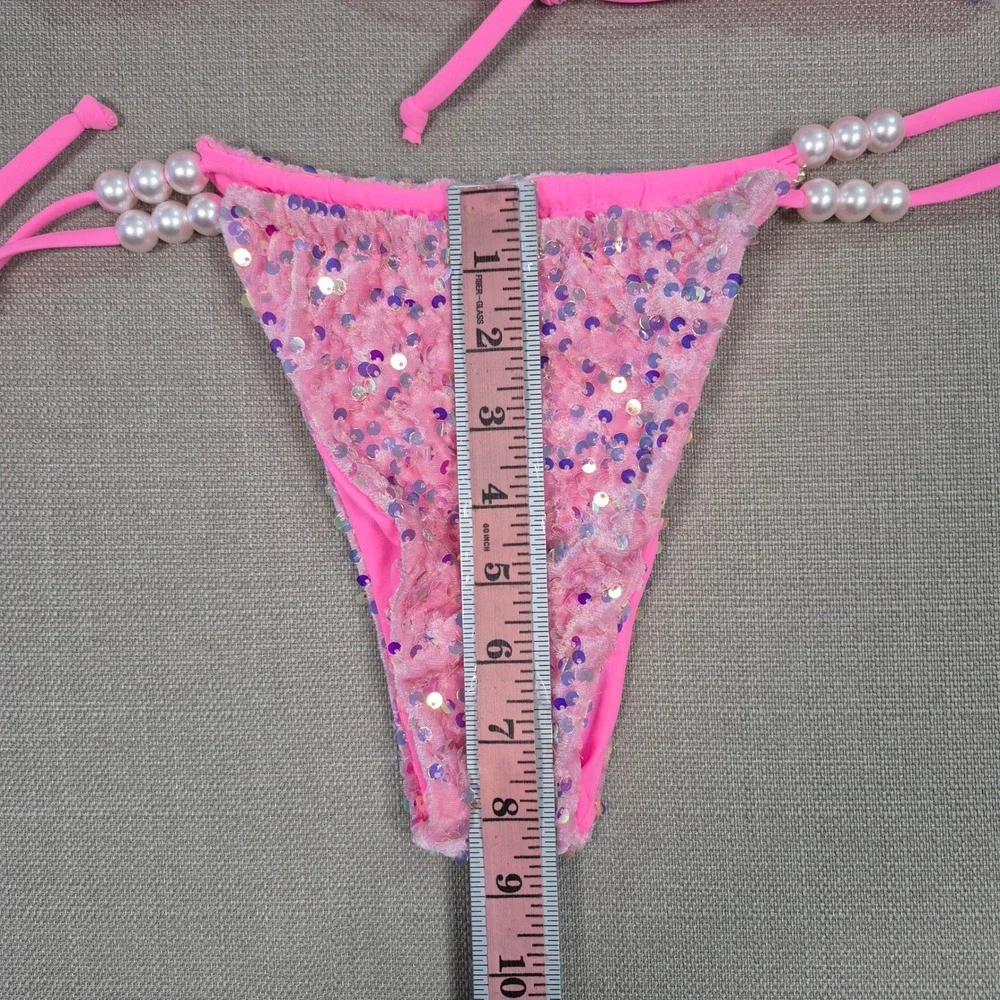 Pink Sequin Pearl Beaded Bikini Set Sexy Two Piece Swimsuit Women Size Small